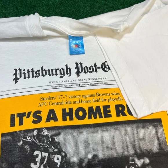 Vintage 90s RARE Pittsburgh Steelers Home Run Newspaper Article 1994 T Shirt Tees - Short Sleeve